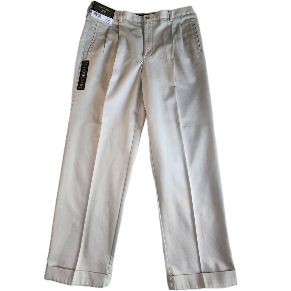 SAVANE  Pants Mens 40x32 Beige Cotton Pleated Cuffed Deep Dye Creased No Wrinkle